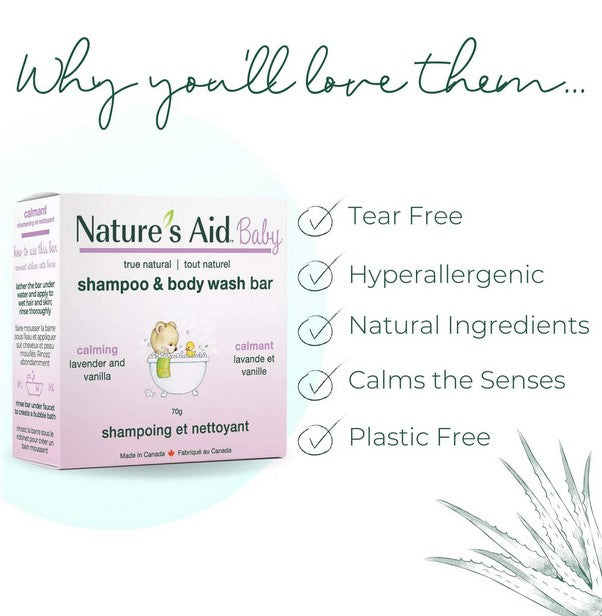 Nature’s Aid Baby Shampoo and Body Wash Bar highlights – tear-free, hypoallergenic, natural ingredients, calming lavender vanilla, and plastic-free packaging
