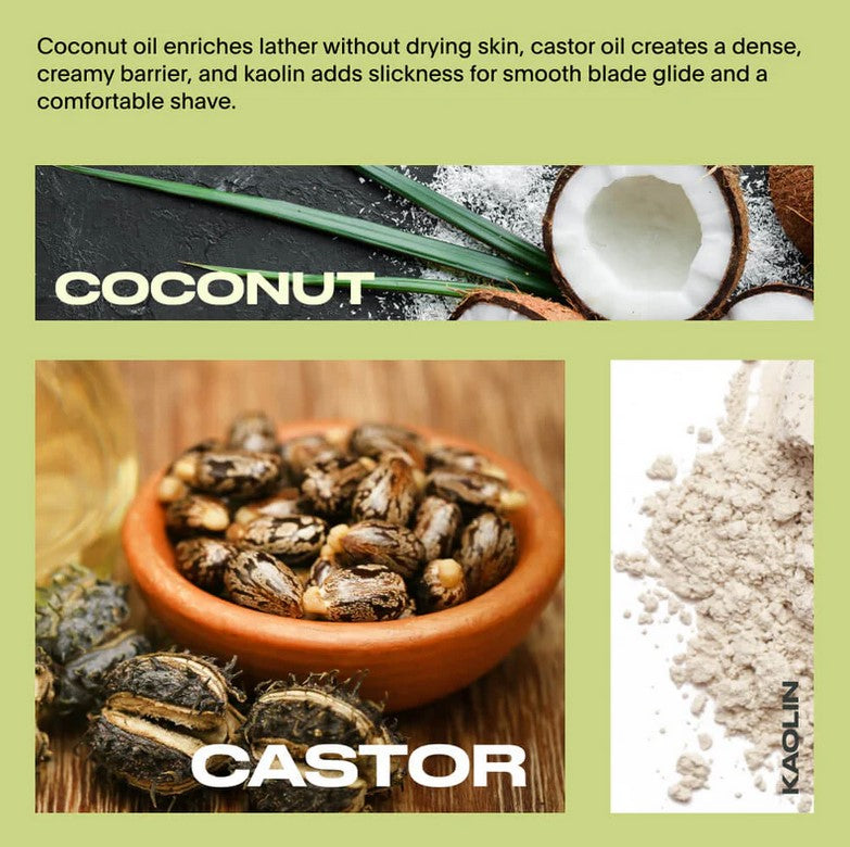 Leaf Shave Bar ingredients – coconut oil for lather, castor oil for a creamy barrier, and kaolin clay for slickness and smooth blade glide