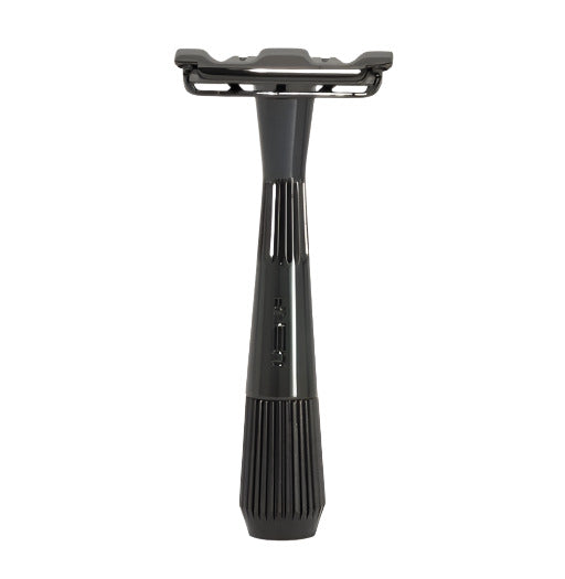 Leaf Shave Thorn Razor in Mercury finish standing upright on white background