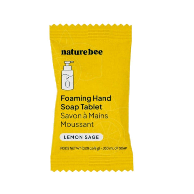 Nature Bee Lemon Sage Foaming Hand Soap Tablet in yellow eco-friendly packaging – Canadian-made plastic-free refill for 350ml foaming soap dispenser