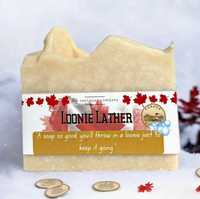Loonie Lather Canadian Bar Soap by Old Soul Soap Company – handcrafted vegan soap with natural ingredients, part of the Canadian Soap Collection, 150g bar with maple leaf design and loonies.