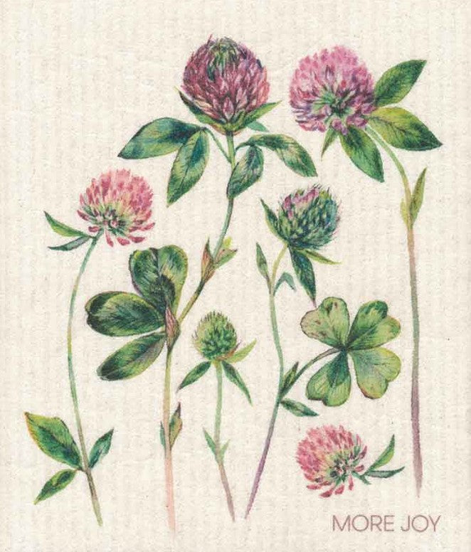 Compostable dish cloth made from cellulose and cotton and features an artistic rendering of flowering clover replaces paper towels as they absorb 20x their weight. Size 20 x 17 cm.