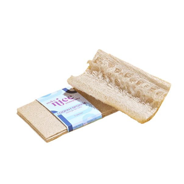 Make Nice Company loofah sponges on a white background. Biodegradable natural loofah sponge set of 3 starts off dehydrated and expands in size - just add water! Also available individually.