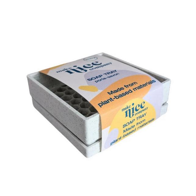 White square 3D printed soap tray for regular solid dish soap cubes 120 g and 240 g made in Canada by the Make Nice Company from plant-based materials