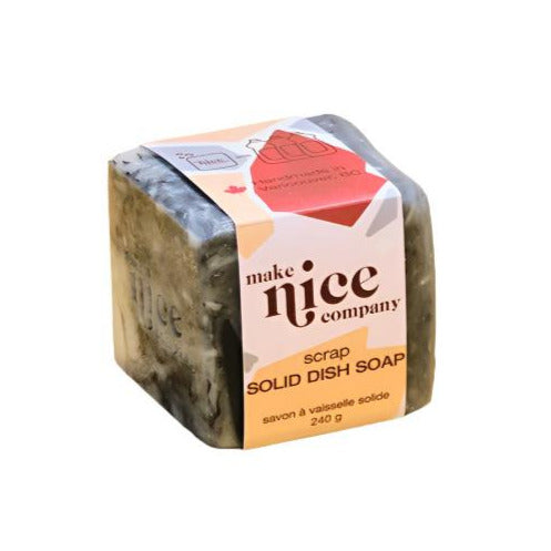Unscented solid dish soap cube 240 g made in Canada by the Make Nice Company with white and charcoal dish soap bar scraps