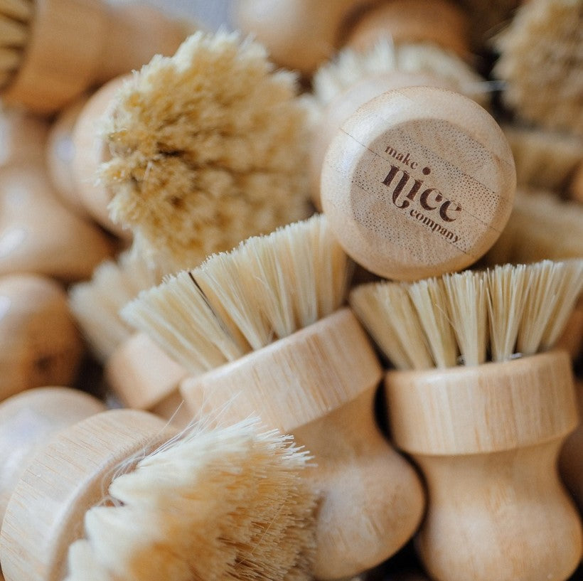 The bristles of these biodegradable scrubber brushes are made of tampico (from the agave plant) with a beechwood base.