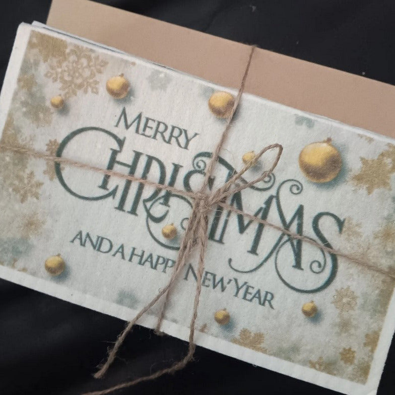 Swedish Dish Cloth Holiday Card – Merry Christmas and Happy New Year reusable greeting card set with envelope by Earthly Change, eco-friendly and compostable.