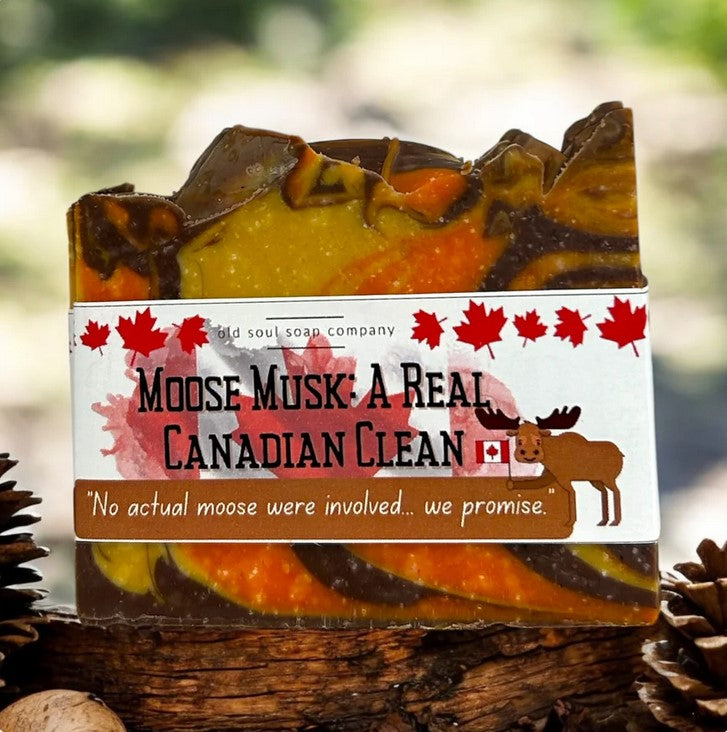 Moose Musk: A Real Canadian Clean bar soap by Old Soul Soap Company featuring a colourful handcrafted design with label that reads “No actual moose were involved… we promise.”
