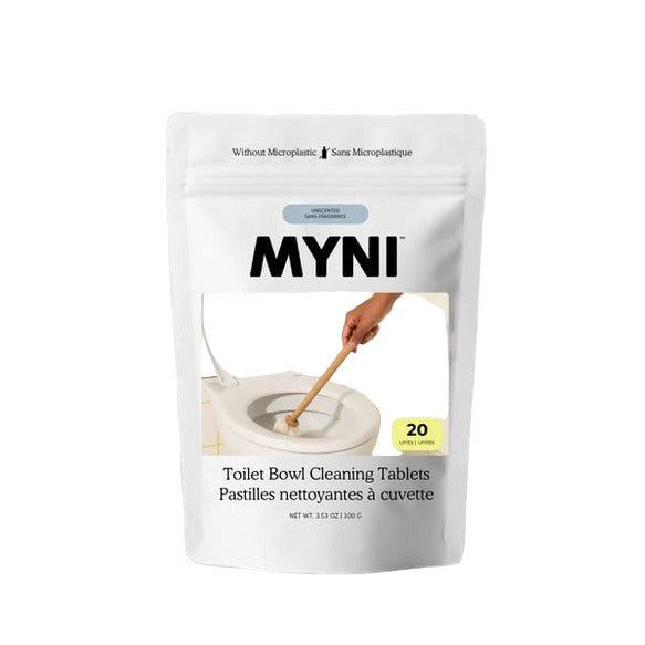 Cruelty-free and safe for septic systems, this Canadian made myni toilet bowl cleaner compostable pouch of 20 tablets is the perfect choice for a sparkling clean toilet without compromising your commitment to sustainability. Shown on a white background.
