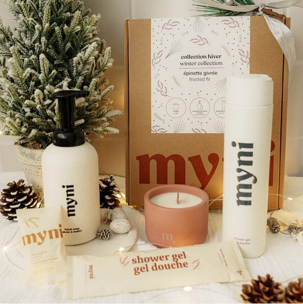 This myni personal care gift set comes in a brown holiday box and is the perfect blend of indulgence and function. With a seasonally scented myni hand soap, shower gel, and candle, this Canadian made gift is designed to help you relax and indulge in comfort.