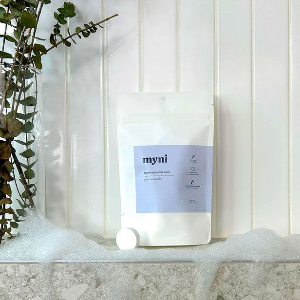 Foaming Bubble Bath Tablets by Myni. Immerse yourself in a relaxing eucalyptus bath experience with these Canadian made earth-friendly eucalyptus mint bath tablets that comes in a compostable pouch of 20.