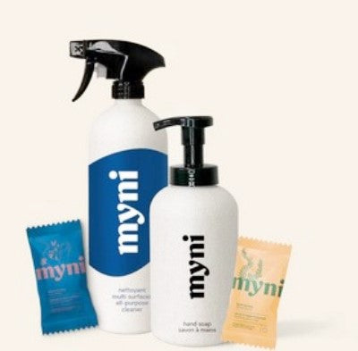 This Canadian made myni holiday cold season kit includes one white and blue wheatgrass spray cleaner bottle, a holy spice scented all purpose concentrate cleaner tablet, a black and white wheatgrass foaming hand soap bottle and a boreal forest scented hand soap concentrate tablet.