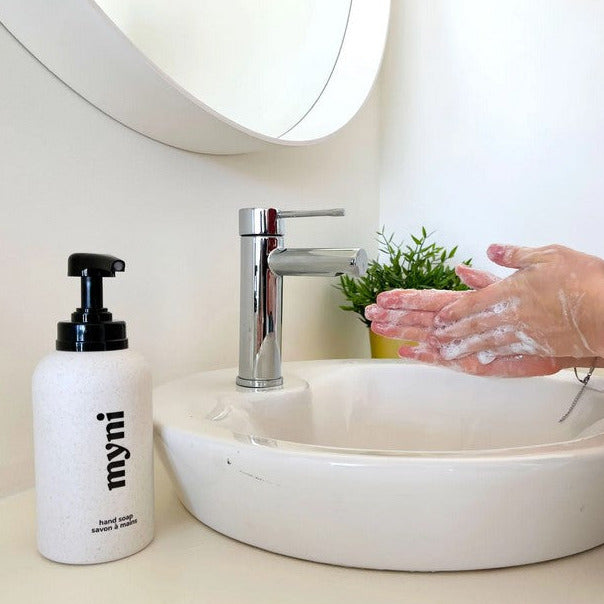 Introducing a powder to gel hand soap made in Canada by myni. This Canadian made product is not only innovative but also earth-friendly. It's like magic in a bottle - the first powder hand soap that turns into gel upon contact with water. Available in a starter kit or refill pouches. Add the powdered hand soap to 375 ml of water.