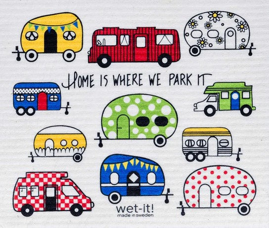 My RV Wet It Swedish Dishcloth with colourful camper trailer illustrations and "Home is where we park it" quote – made in Sweden