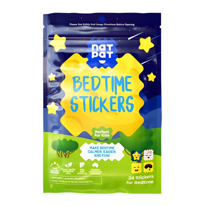Pack of Nat Pat Bedtime Stickers with a blue and green design on a white background