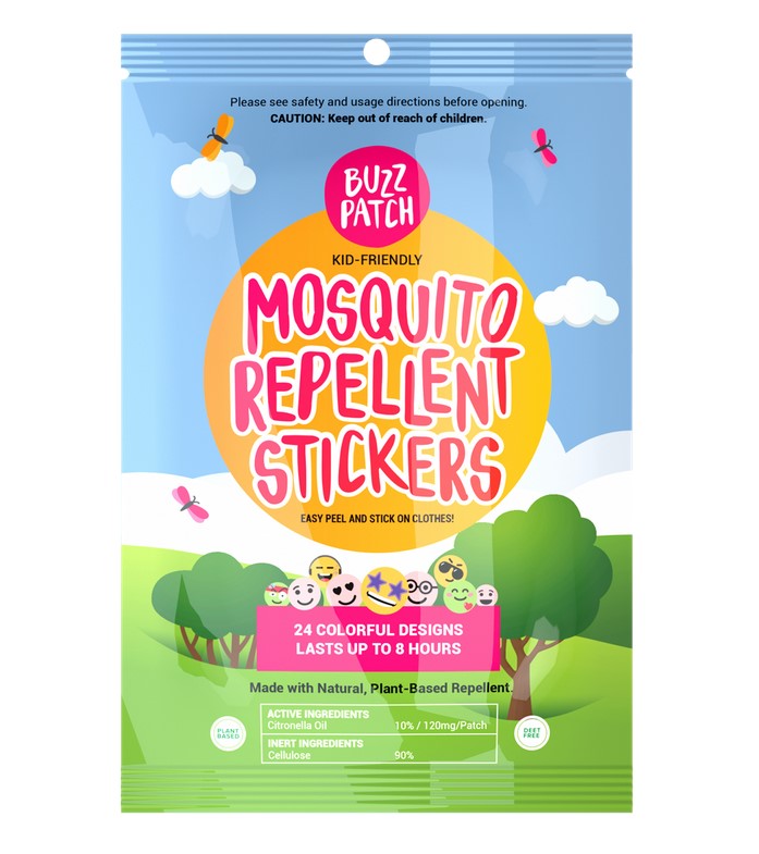 Introducing BUZZPATCH Mosquito Patches for Kids made by the Natural Patch Company (NATPAT) in a resealable pack of 24. These natural Mosquito Patches are a peel-and-stick mosquito repellent made with essential oils and they are fun to wear!