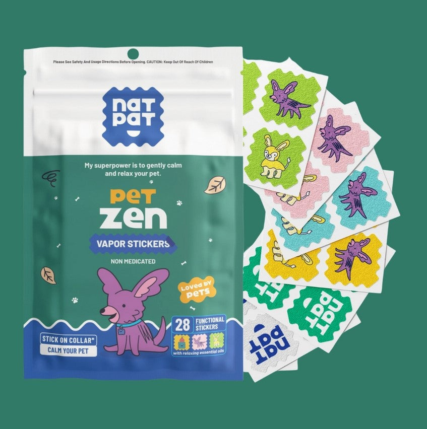 NAT PAT Pet Zen vapor stickers packaging with colorful stickers on a white background