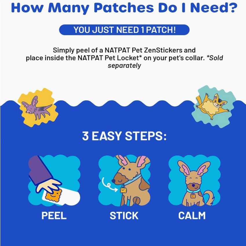 Instructions for using NATPAT Pet ZenStickers on a blue background with cartoon animals.