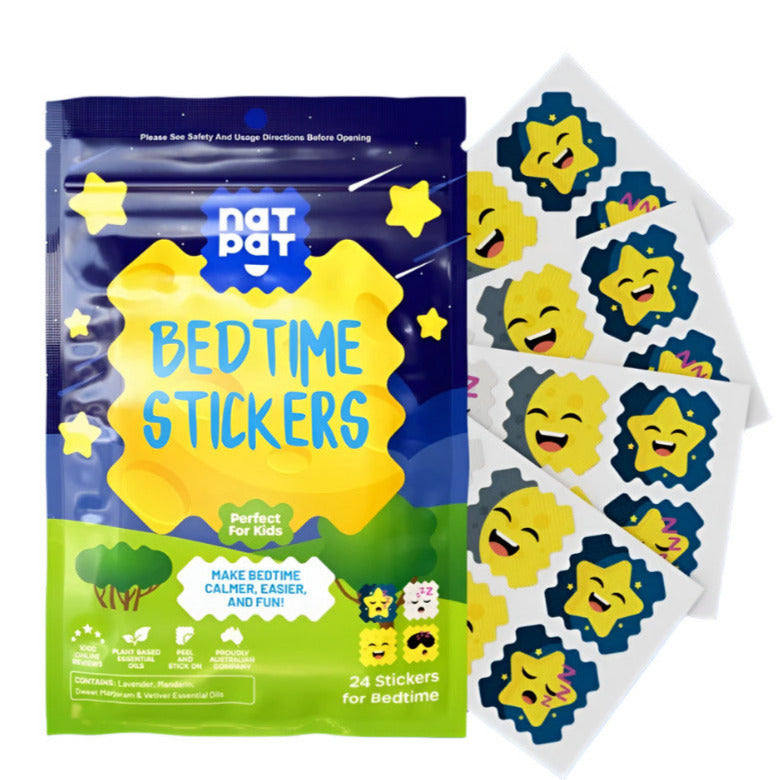 Pack of Nat Pat Bedtime Stickers with star and moon designs on a white background