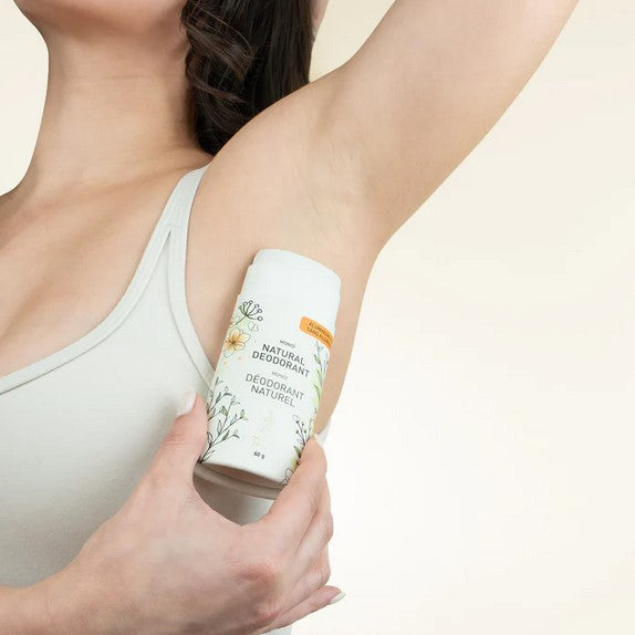 Canadian made baking soda free floral scented solid stick deodorant in a compostable tube