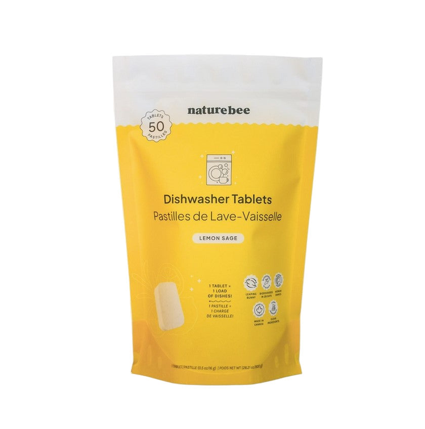 Introducing plastic-free dishwasher tablets in 50 tablet pouch by Nature Bee. These dissoluble tablets have a lemon sage scent and cut through tough grime and leave your dishes sparkling and smelling fresh.