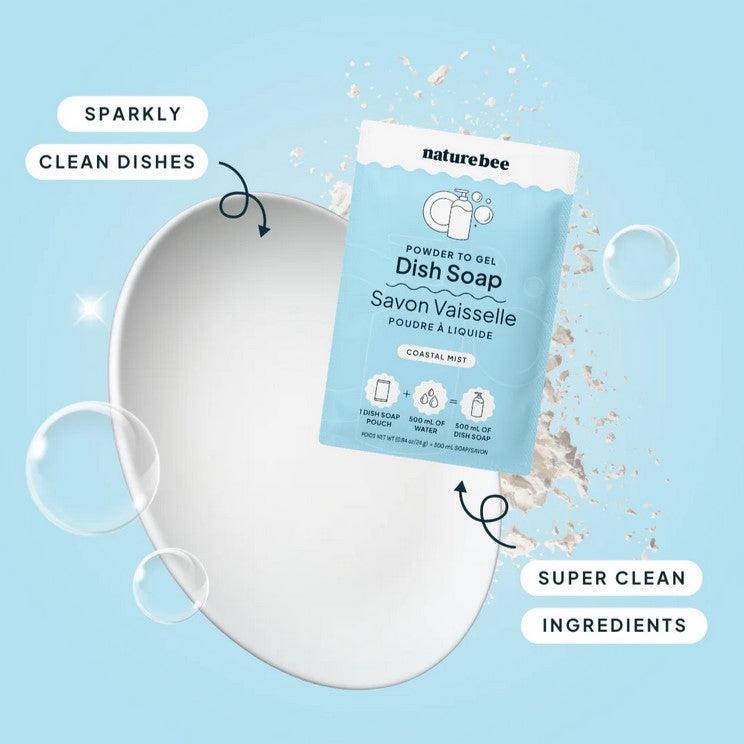 Sparkly clean dishes and super clean ingredients are the benefits of coastal mist powder to gel dish soap from Nature Bee.
