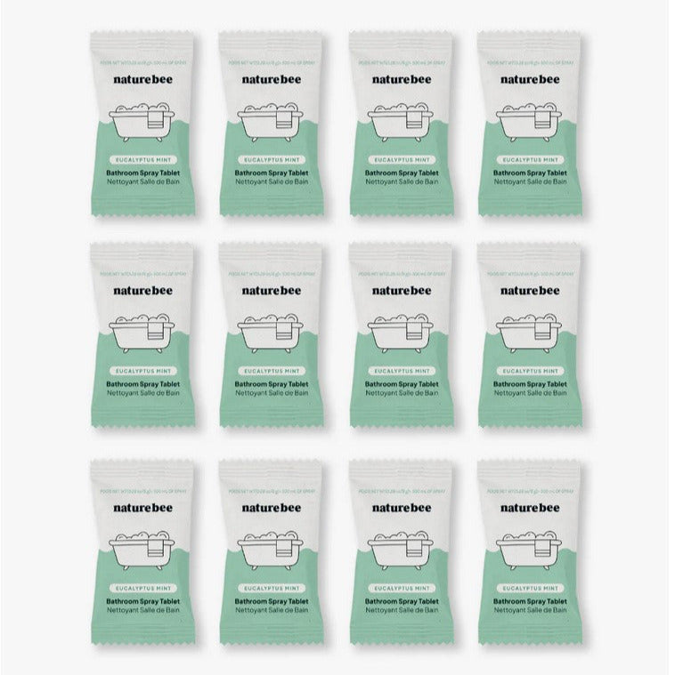 Bulk pack of twelve Nature Bee Eucalyptus Mint Bathroom Cleaning Tablets, plastic-free and biodegradable home cleaning solution.