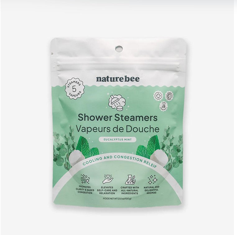 5 handmade eucalyptus mint shower steamer in a resealable pouch for cooling and congestion relief pictured on a white background.