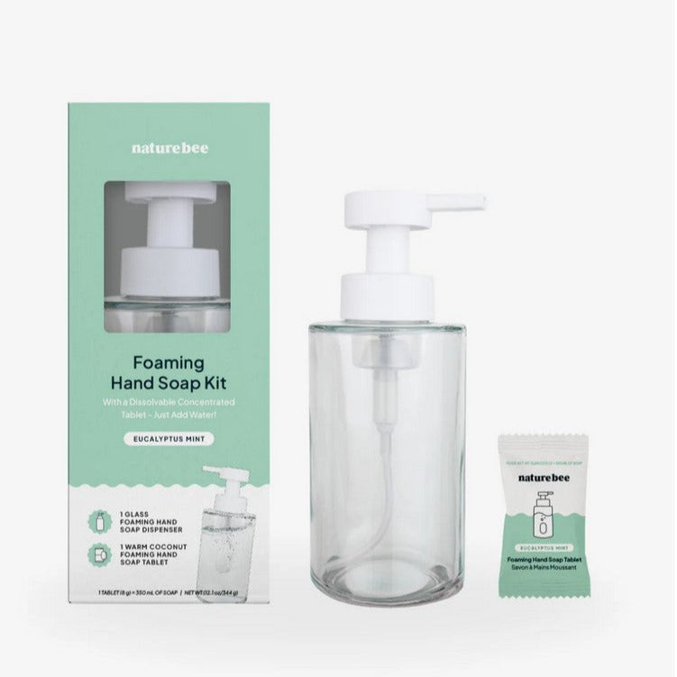 Nature Bee Eucalyptus Mint Foaming Hand Soap Kit with reusable glass pump bottle, dissolvable tablet, and eco-friendly packaging in a fresh mint and eucalyptus scent.