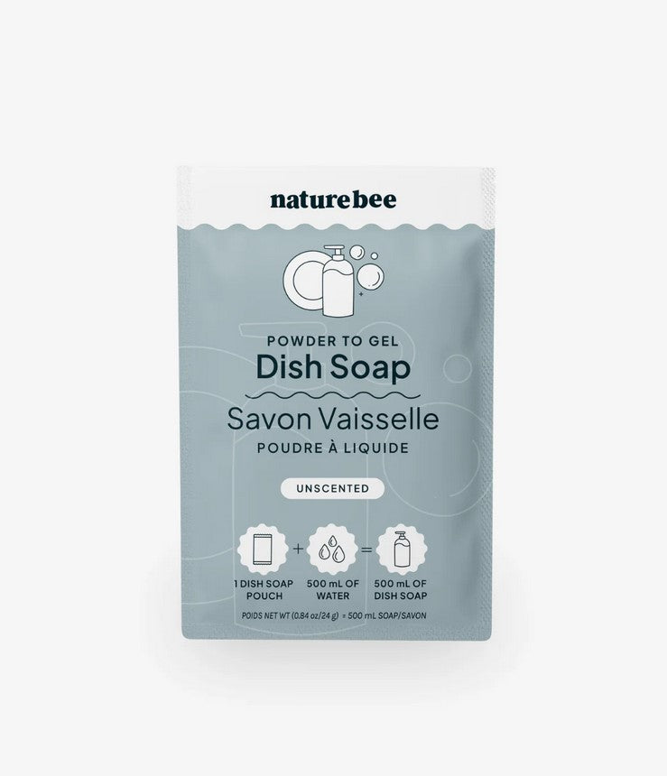 A packet of unscented nature bee powder to gel dish soap on a white background. This single dish soap pouch when added to 500 ml of water makes 500 m of dish soap.