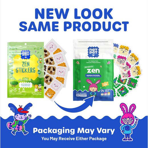 Comparison of two different packaging designs for 'zen' stickers with cartoon characters and text indicating 'New Look, Same Product'.