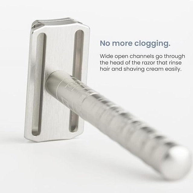 Back view of Henson AL13 razor showing open channels for easy rinsing and no clogging