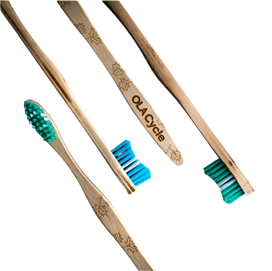 Canadian-made OLA Bamboo Toothbrush Set of 4 - the toothbrushes two blue and two teal brush heads are shown individually on a white background.