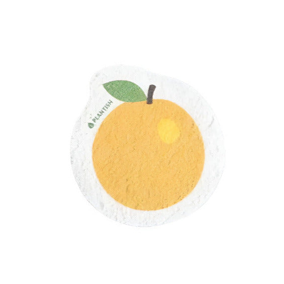 Cellulose pop up sponge with an orange on it shown on a white background.