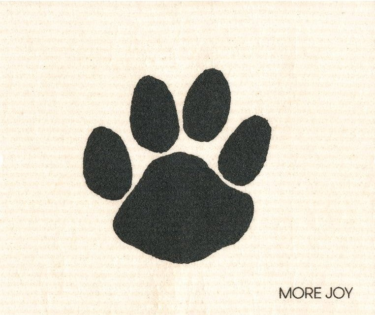 Compostable eco sponge cloth made of cellulose and featuring a single pawprint, black on a white background replaces paper towel by absorbing 20x its weight in liquid. Size 20 x 17 cm