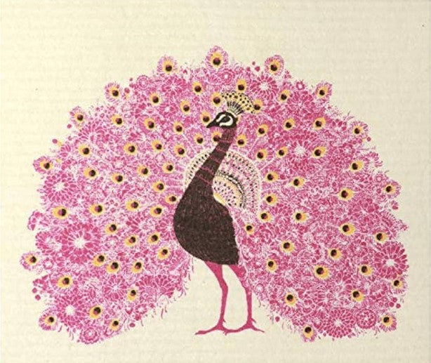 Compostable eco sponge cloth made of cellulose and cotton with a pretty pink peacok on a white background replaces paper towel by absorbing 20x its weight in liquid. Size 20 x 17 cm