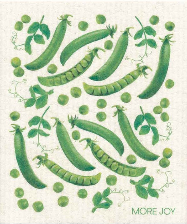 Compostable eco sponge cloth made of cellulose and cotton featuring a delightful garden motif of peas and pods against a white background replaces paper towel by absorbing 20x its weight in liquid. Size 20 x 17 cm