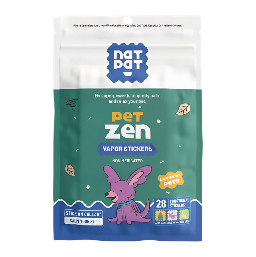 Package of Pet Zen vapor stickers with a cartoon dog on a white background
