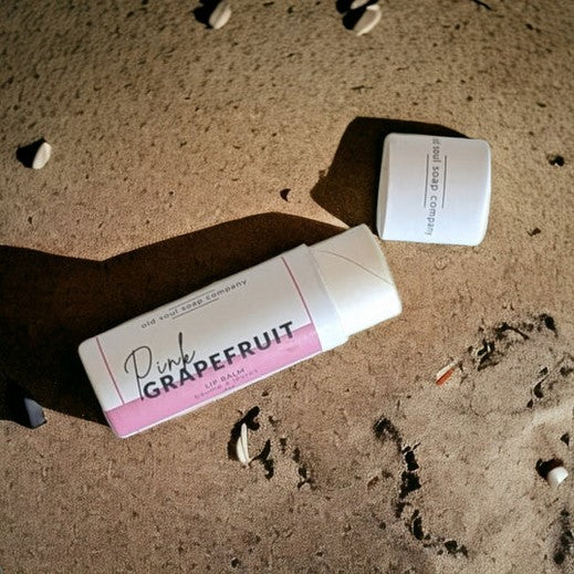 This Pink Grapefruit Lip Balm by the Old Soul Soap Company is Canadian made and naturally flavoured. It features a long lasting blend of oils and butters infused with calendula and chamomile in a push up cardboard tube.