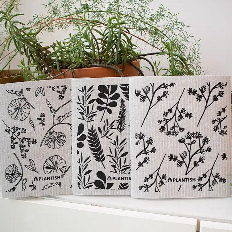 Introducing the Healing Herbs Swedish Sponge Cloth set of 3 in anise blossom, morning star and herbal eucalypus motifs by the Canadian brand Plantish inspired by healing herbs found in nature. The grey color is minimalist and hides stains particularly well.