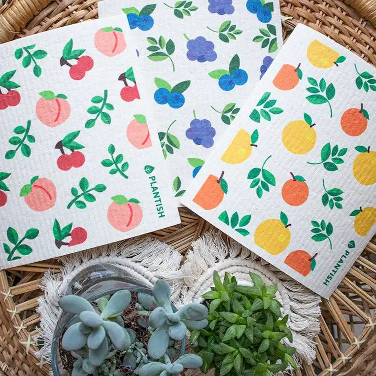Introducing the Fruity Cuties Swedish Sponge Cloth Set of 3  from the Canadian brand Plantish inspired by fruits, their sweetness, and their upbeat colors.
