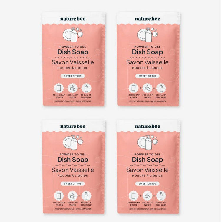 Nature Bee Sweet Citrus Powder to Gel Dish Soap 4-Pack – Eco-Friendly Refillable Dish Soap Pouches