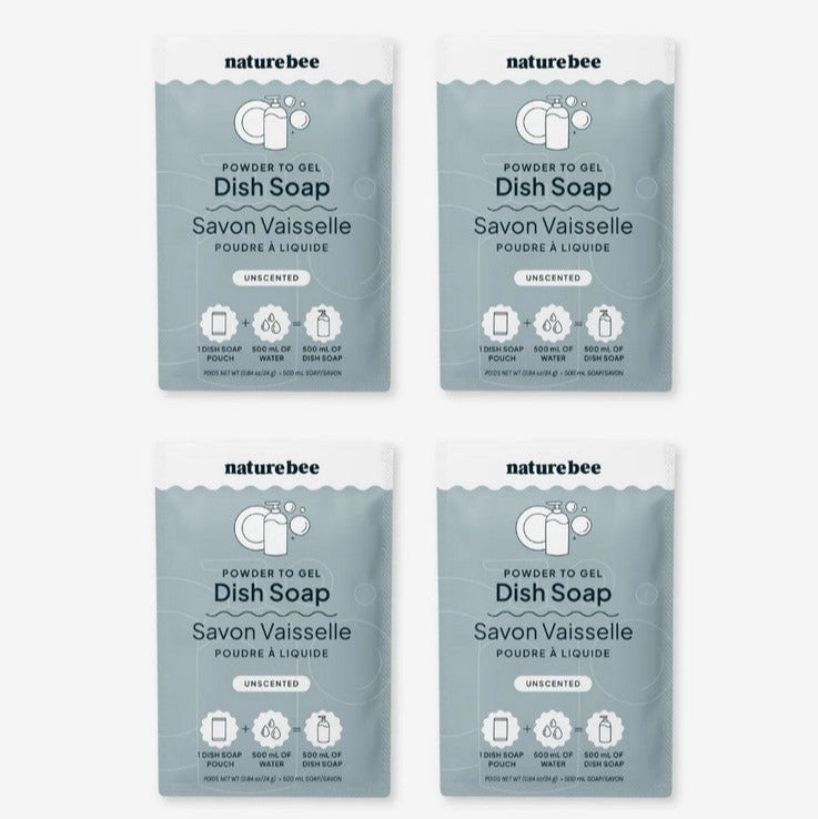 Nature Bee Unscented Powder to Gel Dish Soap 4-Pack – Eco-Friendly Refillable Dish Soap Pouches