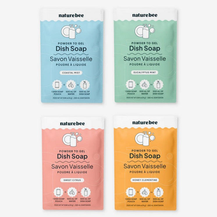 Nature Bee Powder to Gel Dish Soap Variety 4-Pack – Coastal Mist, Eucalyptus Mint, Sweet Citrus, Honey Clementine Eco-Friendly Refillable Dish Soap Pouches