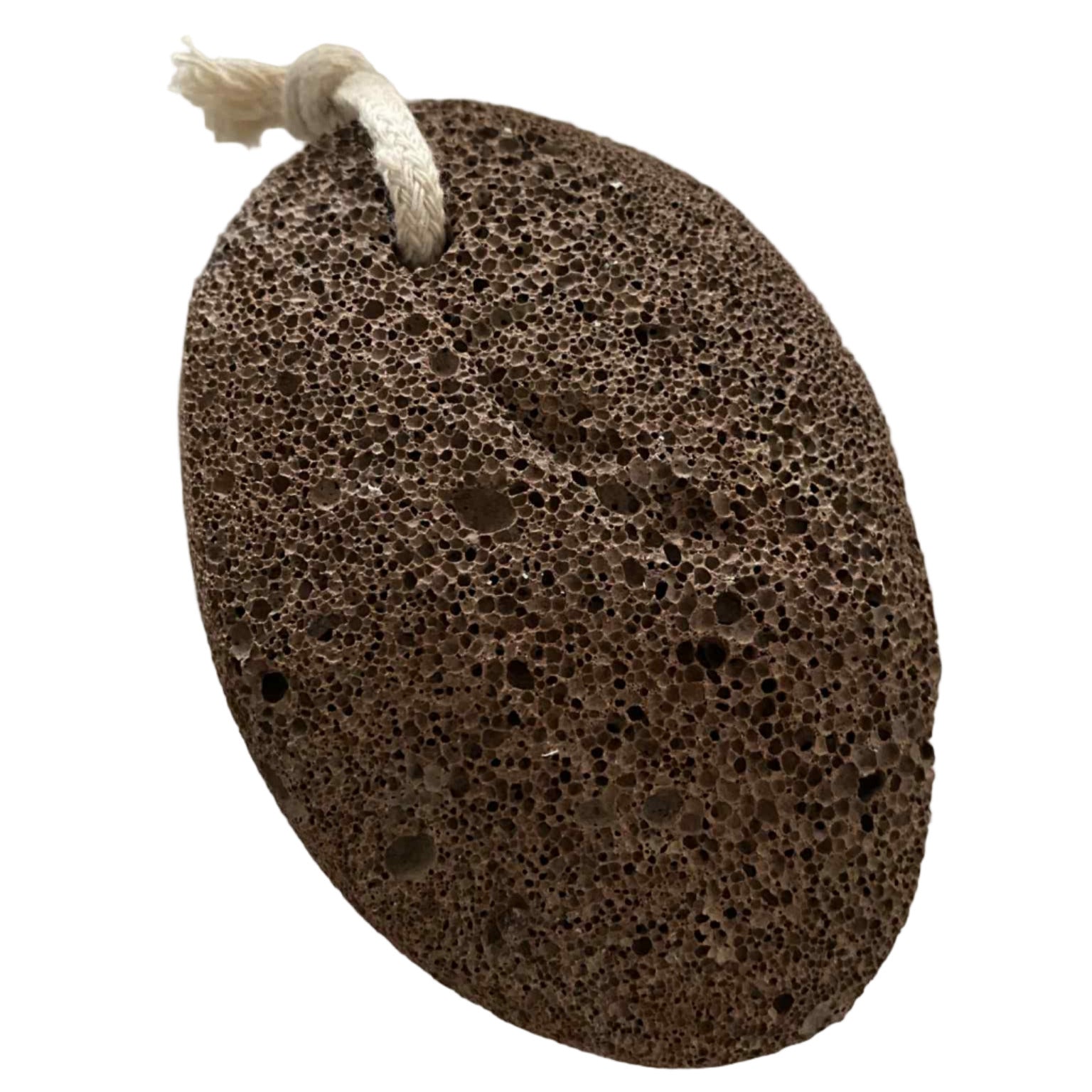 Brown fine textured large pumice stone with a rope on a white background