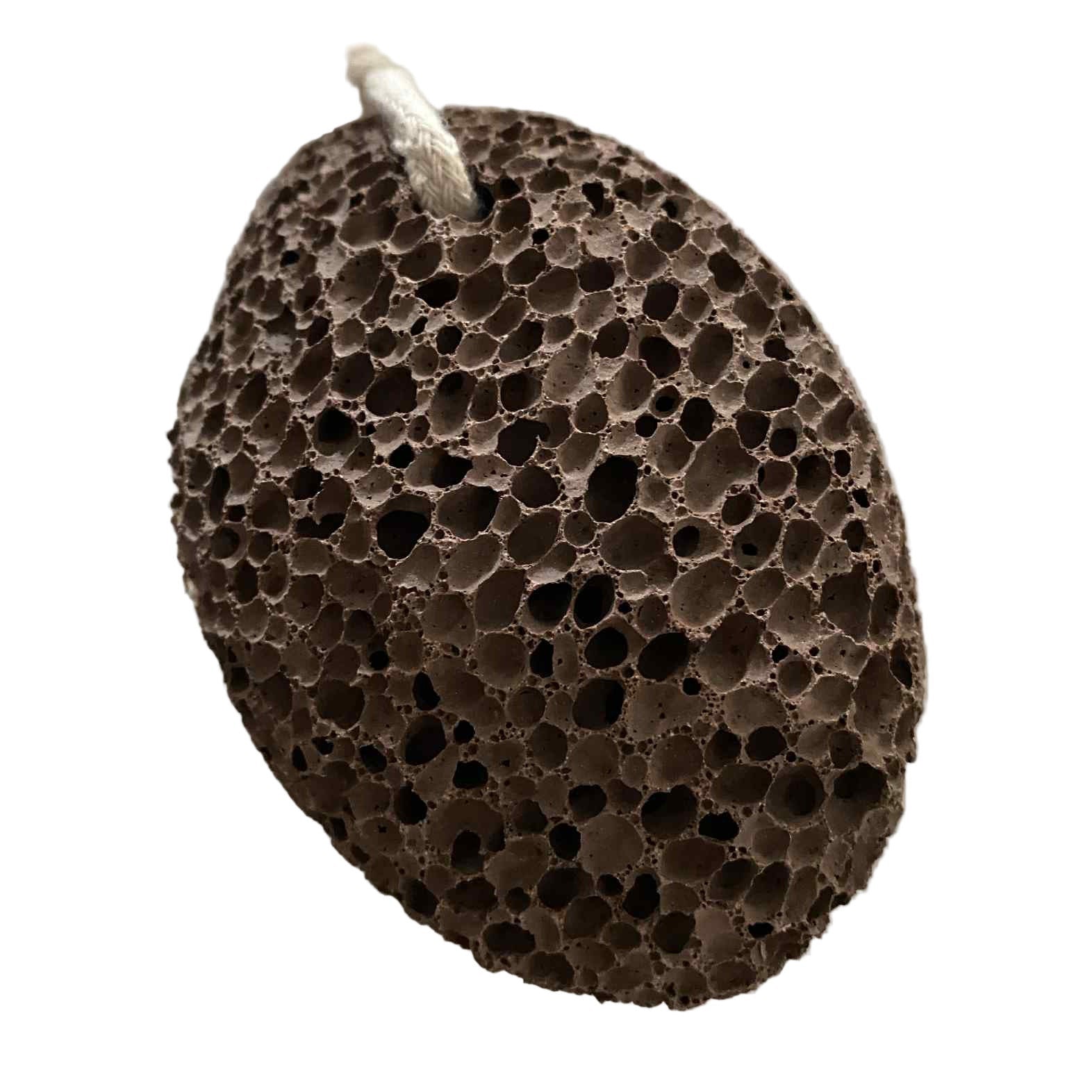 Brown textured natural pumice stone with a string on a white background