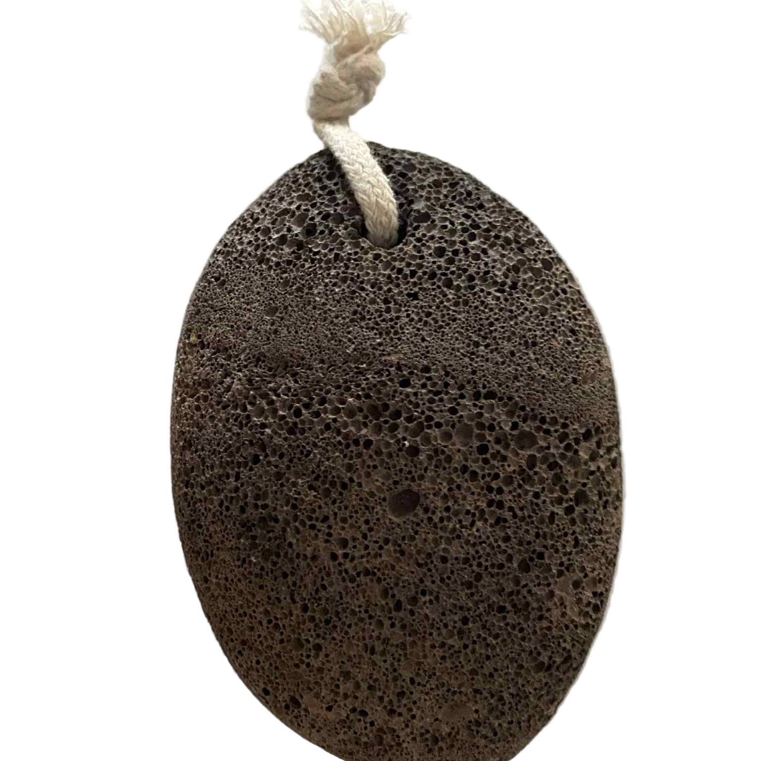 Random large volcanic pumice stone with a rope on a white surface