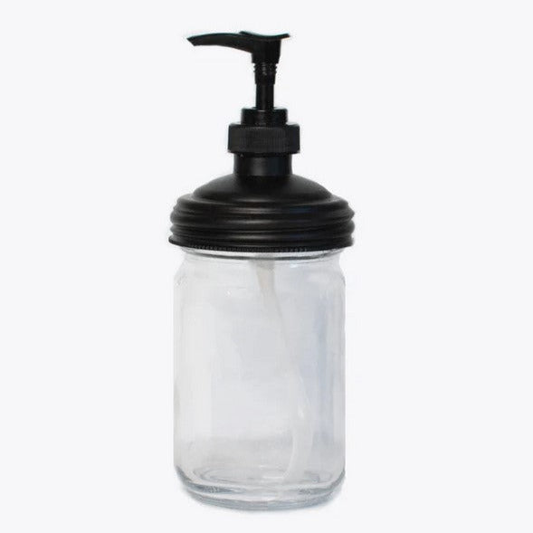 reCAP Mason jar black pump lid on a clear regular mouth glass jar used as a reusable soap or lotion dispenser