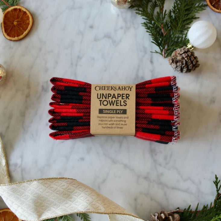Cheeks Ahoy non-paper towels set of 8 in red and black plaid Swedish dishcloths with textured cotton fabric, Canadian made