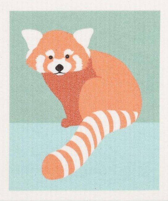 Compostable eco sponge cloth made of cellulose and cotton with an adorable red panda replaces paper towel by absorbing 20x its weight in liquid. Size 20 x 17 cm